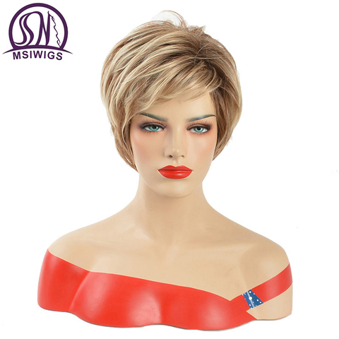 MSWIIGS Lady Short Wigs Blonde Synthetic Wig with Bangs Brown Heat Resistant Afro Two Tone Ombre Hair for Women White ► Photo 1/6
