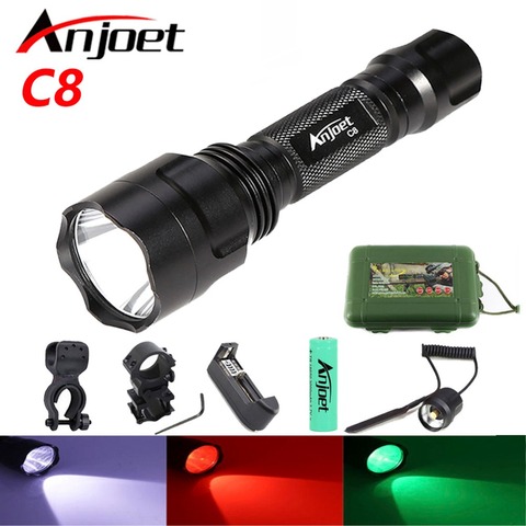 Anjoet C8 Tactical Flashlight Green Red White LED Light XM-L T6 2000 Lumens 1 Mode Aluminum Torch lamp 18650 Hunting Fishing ► Photo 1/6
