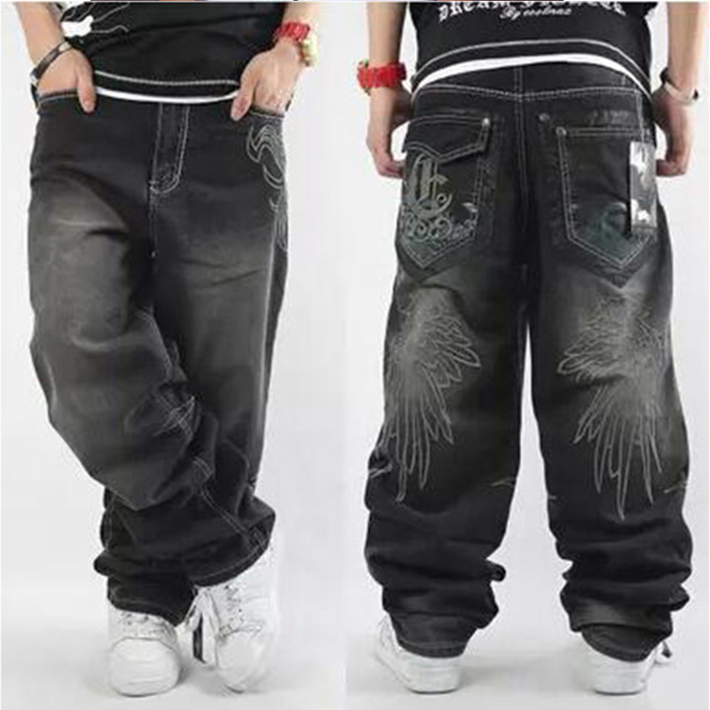 Street Dance Wide Legs Baggy Jeans Men Fashion Embroidery Black Loose Board Denim  Pants Male Rap Hip Hop Jeans Plus Size 30-46