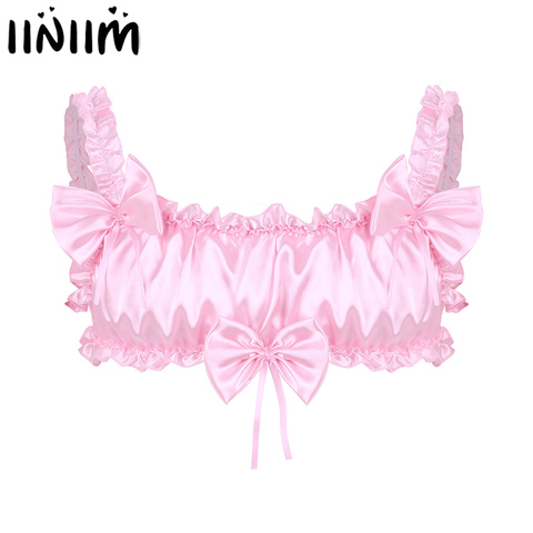 iiniim Mens Sissy Lingerie Exotic Tanks Smooth Soft Satin Ruffled Frilly Elastic Wide Shoulder Straps Backless Wire-free Bra Top ► Photo 1/6