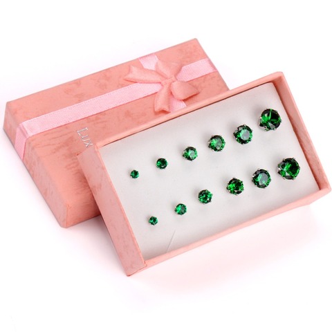 LUXUSTEEL Green/Purple/Pink/Blue/Red/Champagne/Yellow Cubic Zirconia 6Pairs/Boxes Earring Sets 3mm to 8mm Stud Earrings ► Photo 1/6