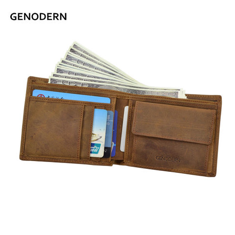 GENODERN Italian Style Crazy Horse Leather Wallet for Men Genuine Leather Wallets Coin Pocket Brown Male Purses Men Wallets ► Photo 1/6