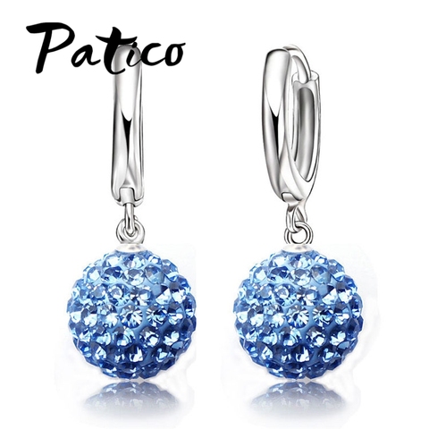 Hot Sale Multi Colors 1 Pair Real Pure 925 Sterling Silver Austrian Pave Disco Ball Hoop Lever back Earring Woman Jewelry ► Photo 1/6
