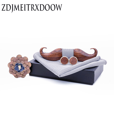 3D Black Walnut beard  Wooden Bowtie for Mens Wedding Papillon Corbatas Printed Wood Bow Tie Handkerchief Set for Mens Suit ► Photo 1/6