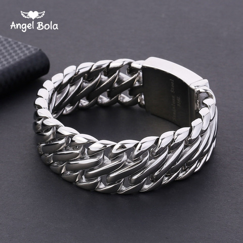 Buddha Bracelet with Logo Double Curb Cuban Chain Bracelet Mens 316L Stainless Steel Wristband Bangle Silver Tone 23mm ► Photo 1/6