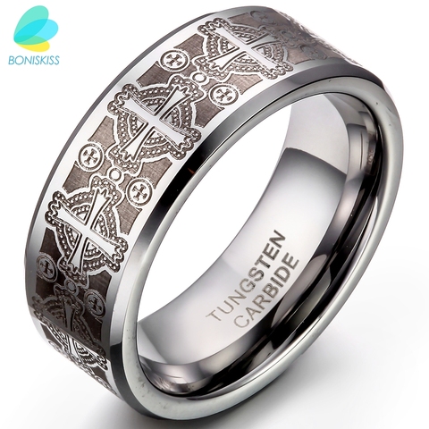 BONISKISS 8mm Vintage Gothic Laser Etched Cross Tungsten Engagement Rings For Men High Quality Mens Jewellery anillos hombre ► Photo 1/4