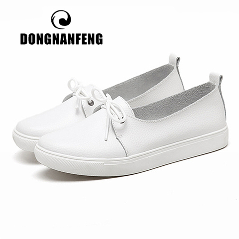 DONGNANFENG Women Students Gril Female Genuine Leather White Shoes Flats Platform Lace Up Korean Casual Vulcanized Shoes FEZ-173 ► Photo 1/6