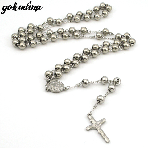 Gokadima 8mm,Christmas Religious Jewelry Catholic, Stainless Steel Necklace Cross for Men Beads Rosary Necklace WRN03 ► Photo 1/5