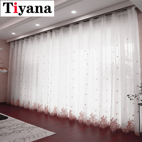 Pink Embroidered Peacock Design White Tulle Curtains for Living Room Sheer Curtains For Bedroom Window Drapes M81X ► Photo 1/6