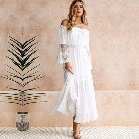 TEELYNN long  boho dress white cotton rayon sexy off the shoulder beach sundress long sleeve splice lace women dresses vestido ► Photo 1/6