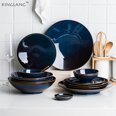 KINGLANG 1/2/4/6 Person Dinner Set  Deep Blue Color Ceramic Retro Glazed Dinnerware Plate Household Rice Dish Set ► Photo 1/5