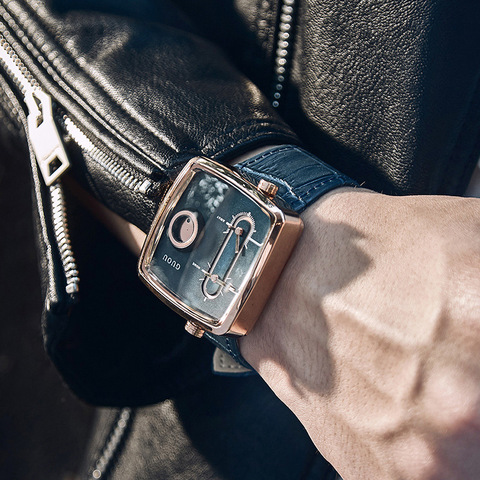 Guou Men's Watch Double Quartz Movement Square Wrist Watches Fashion Cowhide Leather Commander Brand Luxury Presents For Men Hot ► Photo 1/5