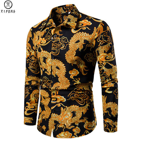 Men's Hipster Chinese Dragon Print Dress Shirt Men Slim Fit Long Sleeve Camisa Masculina Casual Button Down Social Shirt Male ► Photo 1/6