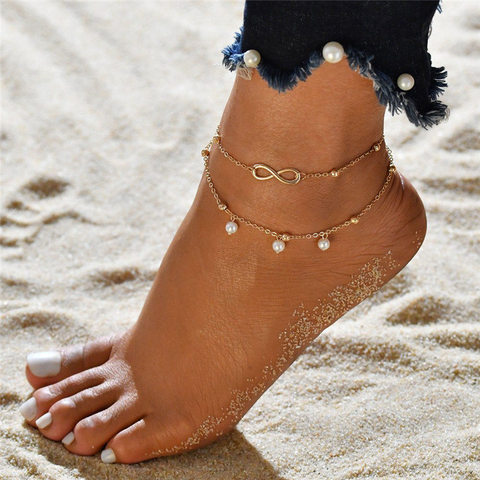 S010 Boho Double Layers Pearl Pendant Anklets For Women gold Color Heart Infinity Ankle Bracelet Foot Jewelry Accessories ► Photo 1/5