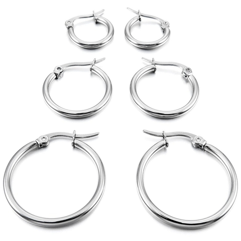 3 Pairs 15mm 20mm 25mm Stainless Steel Hoop Huggies Earrings Set Woman Silver ► Photo 1/5