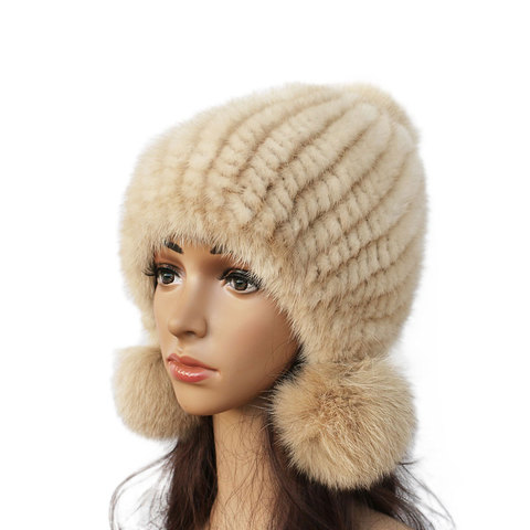 Fashion Women Real mink hat Winter warm mink fur knit hats Women fox fur ball cap ► Photo 1/4