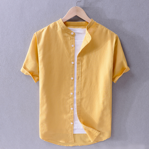 New arrival brand linen shirts men summer solid yellow shirt mens fashion casual stand collar shirt male plus size camiseta ► Photo 1/6