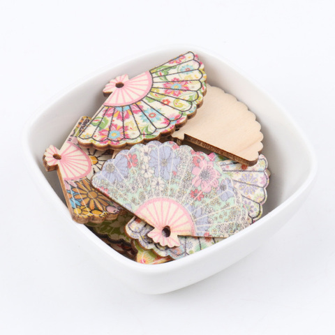 Mixed Wooden Fan Shaped Flower Painted Pattern Scrapbooking Carft for Home decoration 10pcs 30x48mm MT0784X ► Photo 1/6