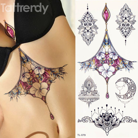 1 sheet Women Sternum Jewelry Tattoo Temporary Body Chest Waist Art Tattoo Sticker Cool Sexy Choker Pendant Under breast designs ► Photo 1/6