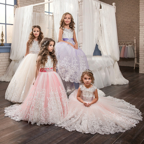 Romantic Lace Puffy Lace Bow Flower Girl Dress NEW For Weddings Tulle Ball Gown Flower Girl Party Communion Dress Pageant Gown ► Photo 1/6