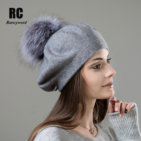[Rancyword] Women Beret Wool Hat Knitted Wool Berets Real Fur Pompom Beret Cap Top Quality Women Winter Hats Beanies RC2047 ► Photo 1/6