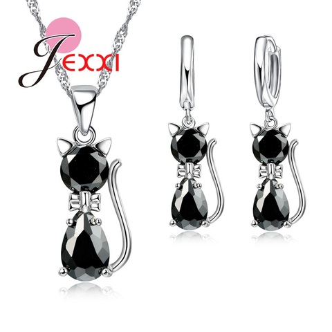 Fast Shipping Retail Romantic Engagement Silver Cute Cat Jewelry Sets Necklace Earrings With Austrian Crystal For Women ► Photo 1/6