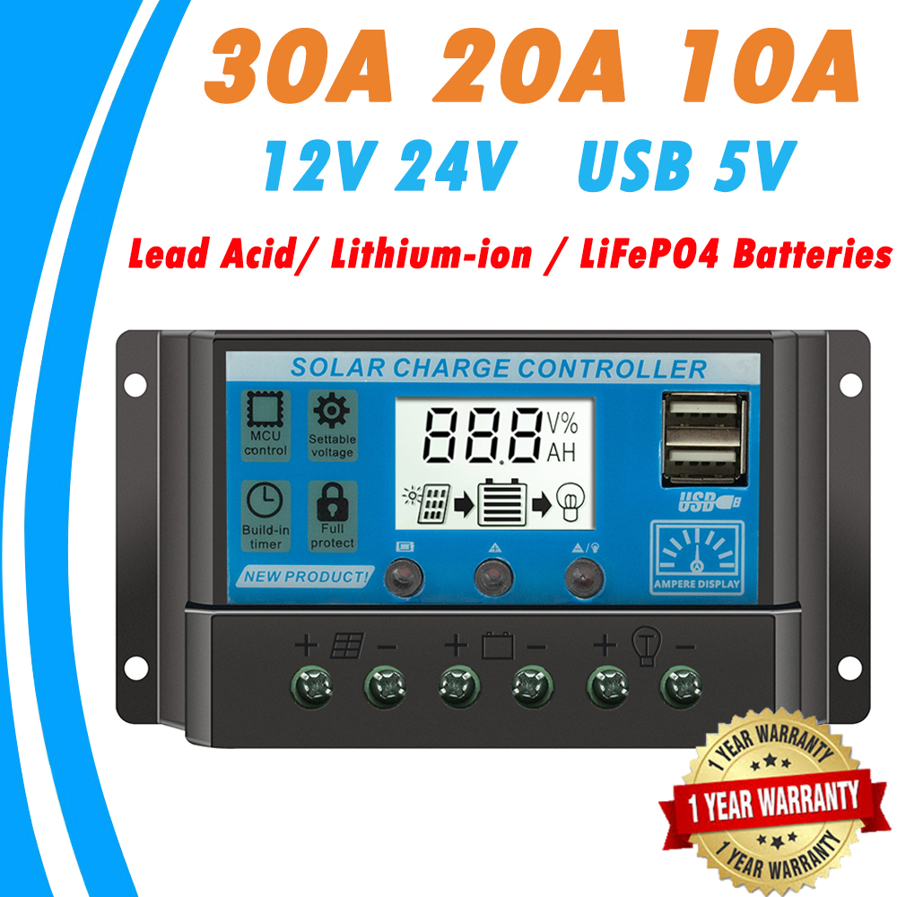 10A/20A 12V/24V LCD Solar Panel Lithium Battery Regulator Charge Controller USB 