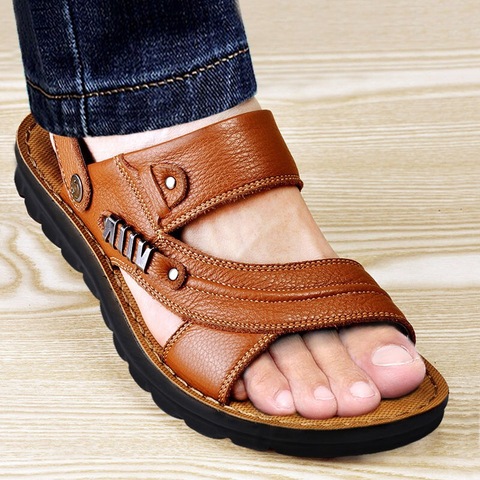 Men's Beach Shoes Sandals Cow Quality Genuine Leather Non-slip Men's Slippers  Breathable Two Uses Men's sandals  Men's Shoes ► Photo 1/6