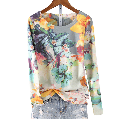 Fashion hot drilling floral printed t shirt women o-neck long sleeve graphic tees basic tee shirt femme 4XL 5XL 2022 spring new ► Photo 1/6