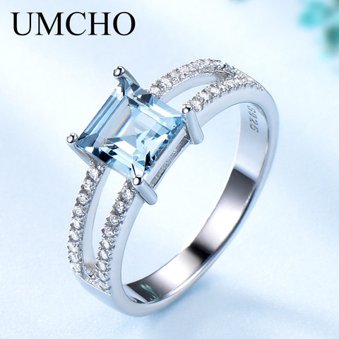 UMCHO Sky Blue Topaz Rings For Women 925 Sterling Silver Wedding Band Anniversary Dainty Ring Square Cut Gemstone Fine Jewelry ► Photo 1/6