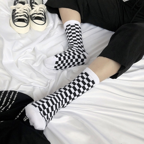 Unisex Hip Hop Cotton Checkerboard Socks Geometric Checkered Socks 