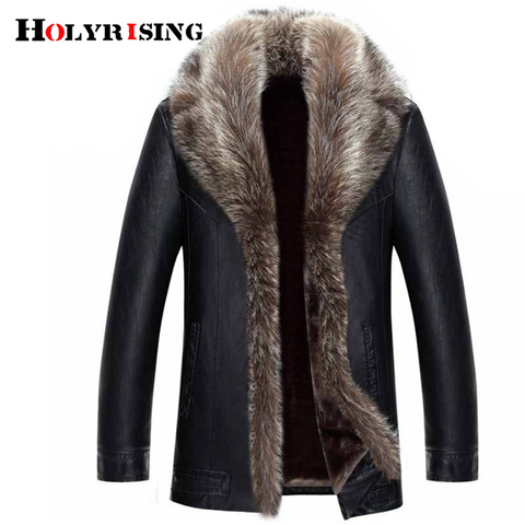 Holyrising Real Raccoon Fur Collar Men Faux Leather Jackets Winter Thicken Coat jaqueta de couro chaqueta Men PU Leather 18536-5 ► Photo 1/5