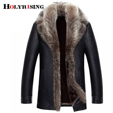 Holyrising Real Raccoon Fur Collar Men Faux Leather Jackets Winter