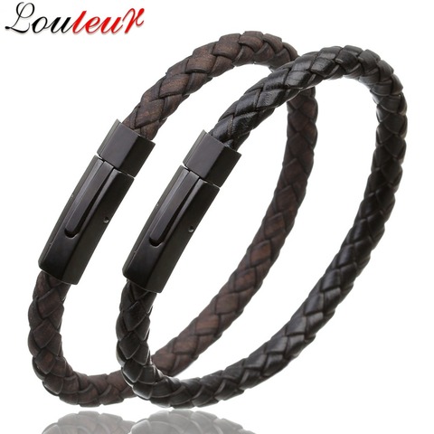 LOULEUR Vintage Mens Leather Bracelet for Men Women Stainless Steel Magnetic Clasps Leather Bracelets Bangles Men Jewelry   ► Photo 1/6