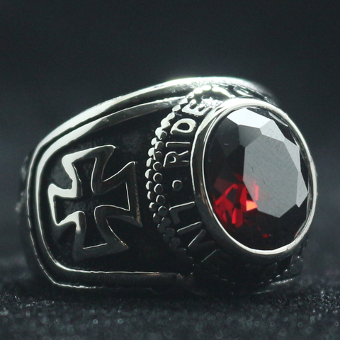 Rider Motorcycle Style Unisex 316L Stainless Steel Cool Ride To Live, Live To Live Cross Red Stone Classic Biker Ring ► Photo 1/4