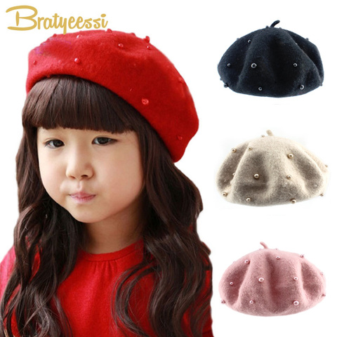 Fashion Wool Kids Hat with Pearls Candy Color Retro Baby Girl Cap Kids Beret Hats for Girls 3-7 Years 1PC ► Photo 1/6