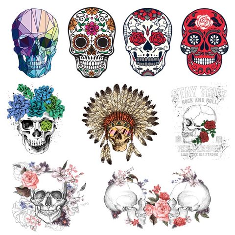 Fashion Punk Skull Patches Print On T-shirt A-level Washable Iron On Transfer Colorful Sugar Skull Thermal Patches Decor Z-13 ► Photo 1/6