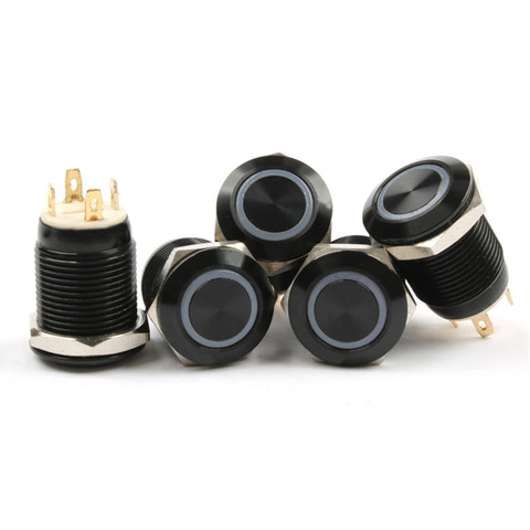 1PC Black Waterproof 3V 6V 12V 24V 48V 220V 4 Pin 12mm Led Light Metal Aluminum Push Button Momentary Switch Car Electronics ► Photo 1/5