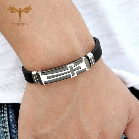 Classical Man Bracelets Christian Cross Bracelet Black Silicone Stainless Steel Cross Clasp Wristband Male Jewelry Accesories ► Photo 1/6