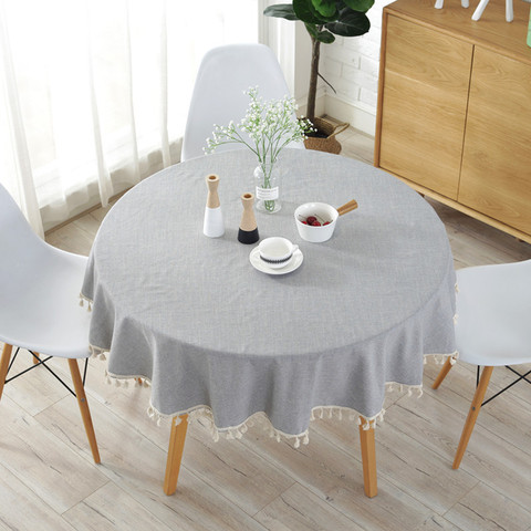 Japanese Style Simple Color Cotton and Linen Tablecloth Round Plain Solid Color Light Gray and Blue Tassel Table Cloth ► Photo 1/5