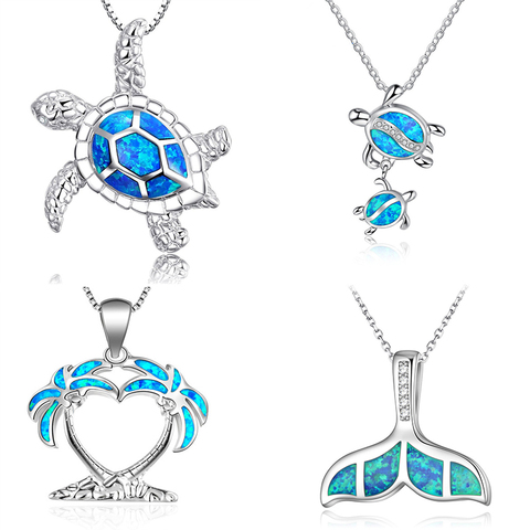 Fashion Silver Color Blue Imitati Opal Sea Turtle Pendant Necklace for Women Female Animal Wedding Ocean Beach Jewelry Gift ► Photo 1/6