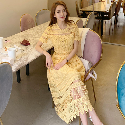Women Elegant Yellow Lace Dress Summer Style Short Sleeve Hollow Out Sexy Women Clothes Casual Female Party Midi Vintage Dress ► Photo 1/6