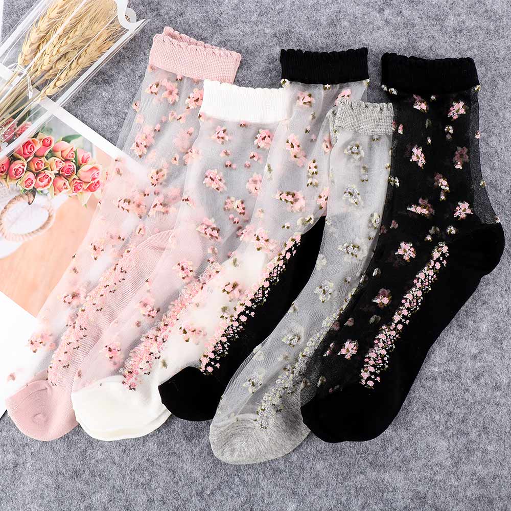 1 Pair Breathable Socks Women Transparent Lace Silk Crystal Rose Flower Girls Elastic Short Socks Sox
