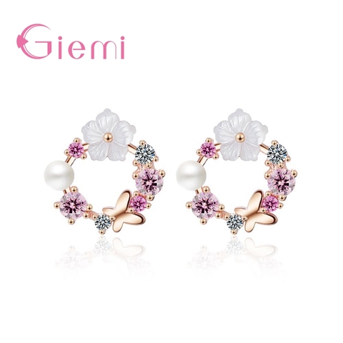Real 925 Sterling Silver Earrings Pretty Butterfly Colorful Flowers+White Peal Cubic Zirconia Crystal Jewelry For Women ► Photo 1/6