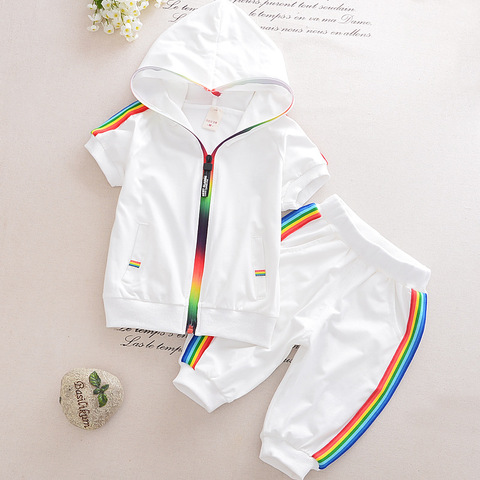 Kid Boy Girl Clothes Sportswear Summer Fashion Short Sleeve Colorful Zipper Hooded Clothing For Girls Children Outfit Set ► Photo 1/6