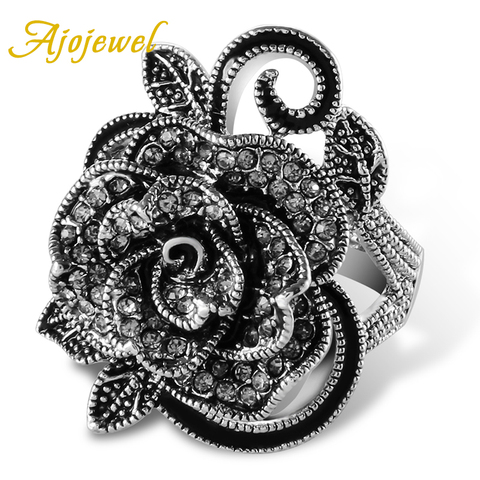 Ajojewel #7-9 Black Rose Flower Big Vintage Rings For Women Unique Retro Crystal Rhinestone Jewelry Luxury Gift ► Photo 1/6