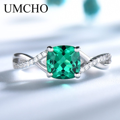 UMCHO Emerald Gemstone Rings for Women Solid 925 Sterling Silver Ring Silver Wedding Engagement Band Romantic Fine Jewelry Gift ► Photo 1/1