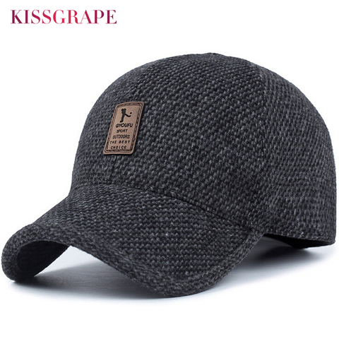 New Men's Winter Warm Hat Baseball Cap with Ear Flaps Male Knitted Cap Men's Bone Snapback Cap Thick Black Dad Hats for Father ► Photo 1/6