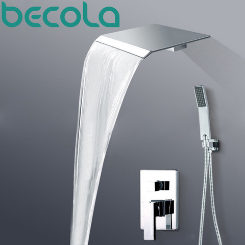 becola Polished Chrome Luxury Wall Mounted Rain & Waterfall Shower Faucet Set with Hand Shower Single Handle BR-PB-100 ► Photo 1/6