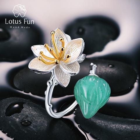 Lotus Fun Real 925 Sterling Silver Natural Aventurine Gemstones Flower Ring Fine Jewelry Lotus Whispers Rings for Women Bijoux ► Photo 1/6